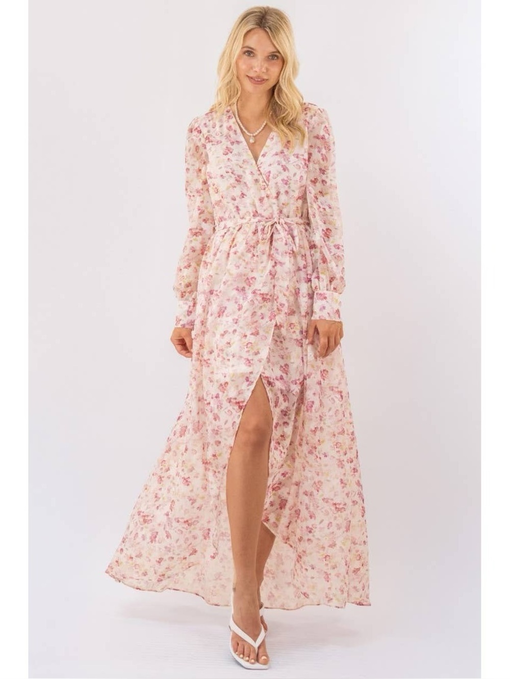 Pink Floral Wrap Maxi Dress with Tie Waist